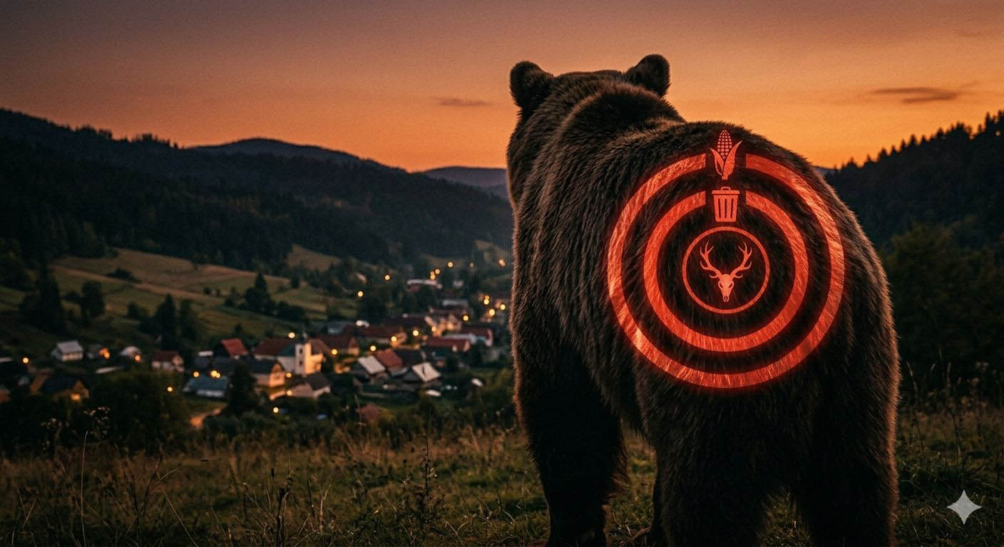 Detailný záber na chrbát medveďa, ktorý stojí v lese a pozerá sa smerom k dedine v údolí