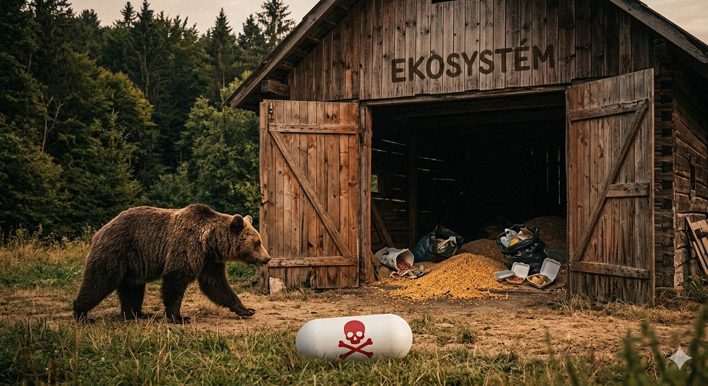 Lákadlo pre medvede - rozpadnutý drevený sklad (sýpka), dvere sú dokorán, vnútri je vidieť hromady zlatavej kukurice a odpadkov