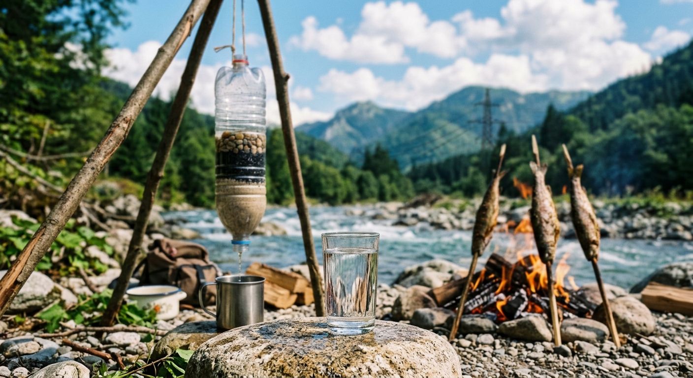 Sklenený pohár priezračnej vody položený na kameni pri rieke s vlastnoručne vyrobeným trampským filtrom zaveseným na trojnožke v pozadí. Vpravo ohnisko s opekajúcimi sa pstruhmi. V pozadí sa z lesa týči stožiar vysokého napätia, čo symbolizuje prepojenie prírody, prežitia a kritickej energetickej infraštruktúry.