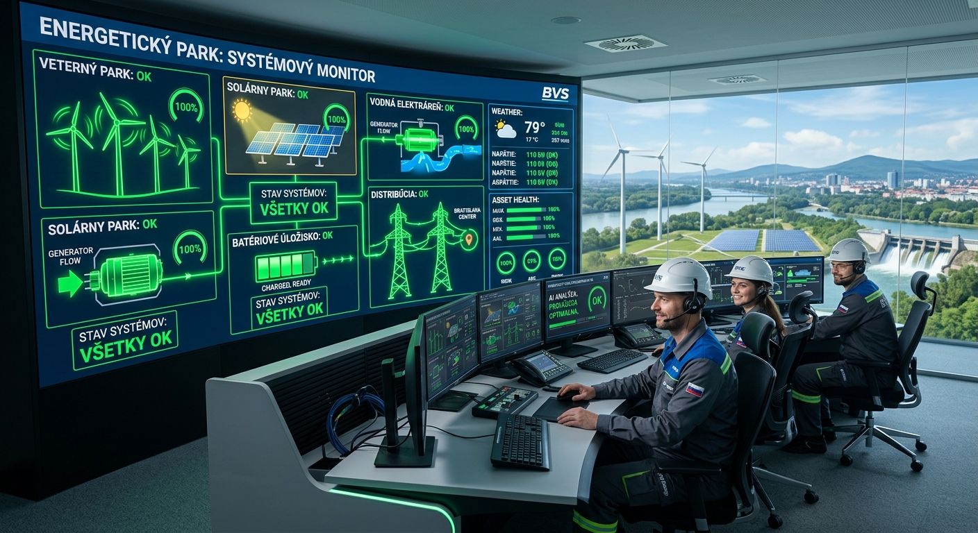 Ultra moderné pracovisko energetického parku, kde sú inžiniermi a AI kontrolované všetky energetické zdroje a prevádzka zariadení na monitorovacích paneloch. Všetky systémy sú v stave OK.