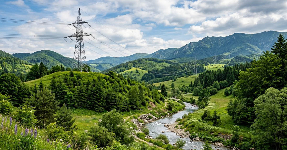 Nádherná, zelená, kopcovitá krajina s vedením vysokého napätia, ktorého stožiar sa majestátne vypína nad pokojne tečúcim čistým potokom tečúcim z hôr.